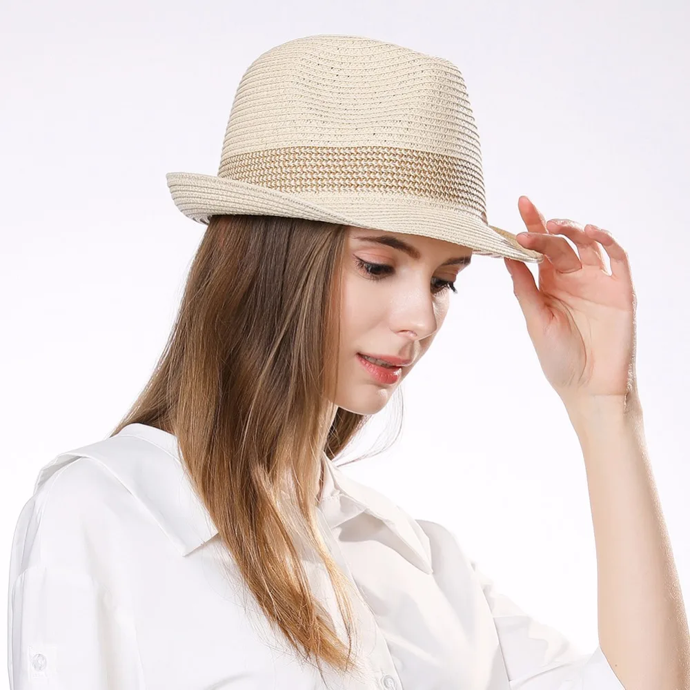 FANCET летние женские мужские соломенные шляпы Fedoras короткий край регулируемые Упакованные мягкие повседневные Трилби Соломенная Панама шляпы от солнца 16010