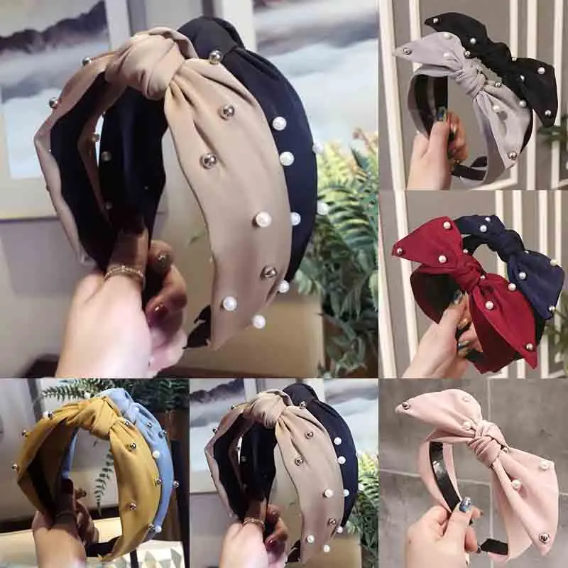 

2019 New 1PC Bowknot Headband Pearl Bead Cross Lovely Wide Side Girls Women Party Wedding Popular Hair Accessories