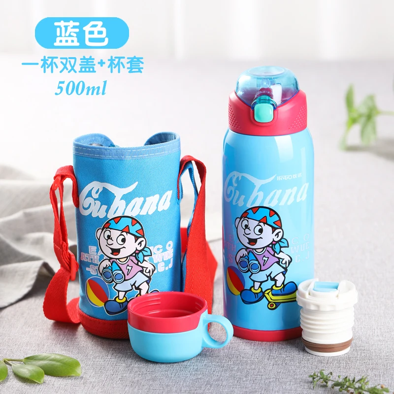 500ml Baby Feeding Thermos Cup Cute Cartoon Printed Portable Stainless Steel Vacuum Flask Birthday gift for kids baby with 2 Lid