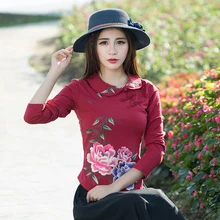 Длинный в этническом стиле рукав вышивка цветок футболка Женские футболки весна лето женская футболка одежда плюс размер