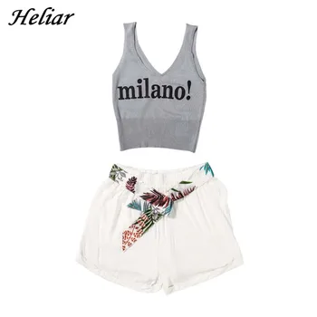 

Heliar Women Pajama Lettering "MILANO!" Tank Tops And Shorts With Sashes Two Pcs Outfits 2019 Summer Fashion Female Suits