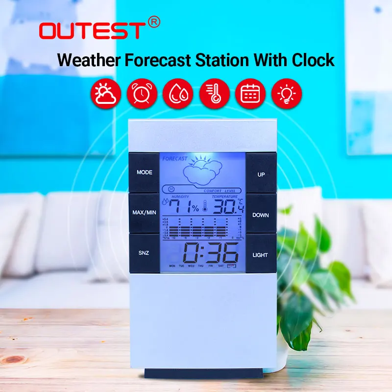 

OUTEST Digital Thermometer and Humidity meter CX-506 Weather forecast station meter With Weather Station Barometer Alarm Clock
