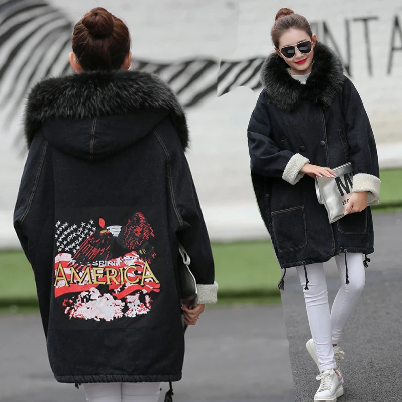 

TANG brand Thick Outwear Denim Coat 2019 Winter Woman Quilted Jacket Plus Size 5XL Fur Collar Wool Lining Embroidery Long Parka