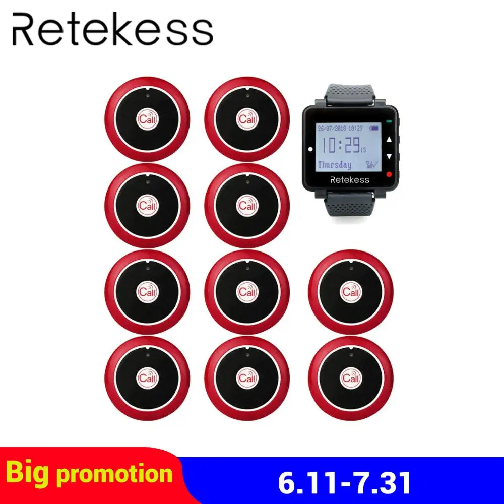 

RETEKESS Wireless Waiter Calling System Customer service include 1 Black Watch Receiver + 10 one-key Call Button for restaurant