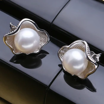 FENASY Genuine Natural Freshwater Pearl Earrings Vintage Shell Design Stud Earrings For Women 925 Sterling Silver Jewelry