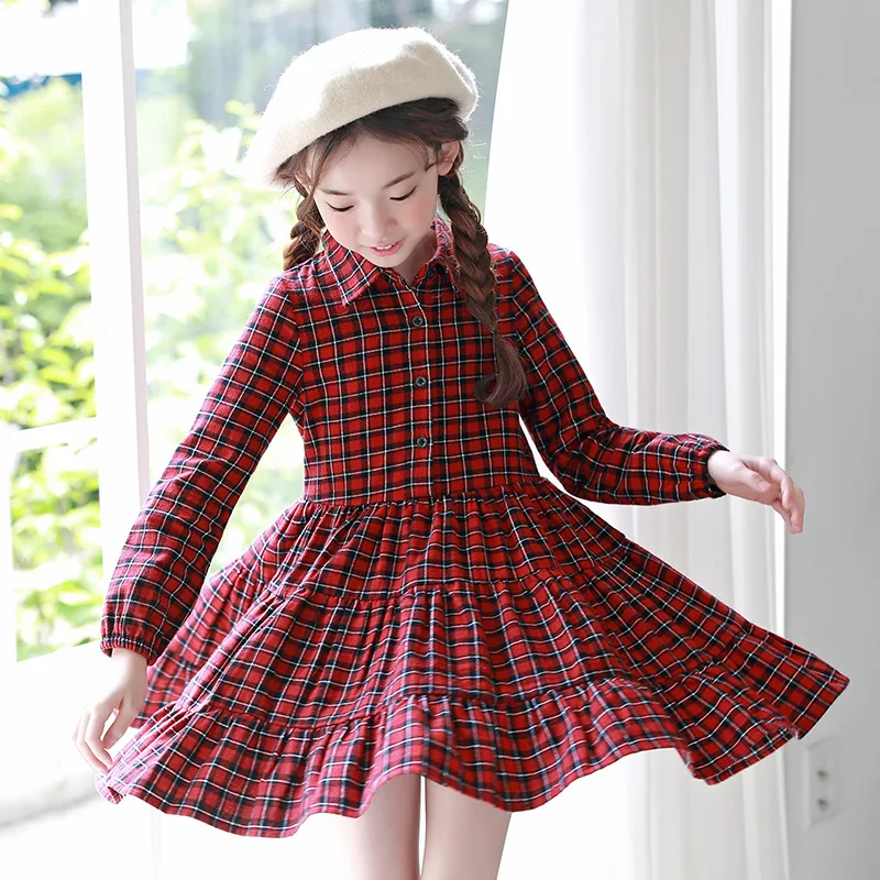 

Girl Plaid Dress Kids New Spring Girls Dress Long Sleeved Girl Princess Teenager Children Cotton Shirt Dress Kids Clothes