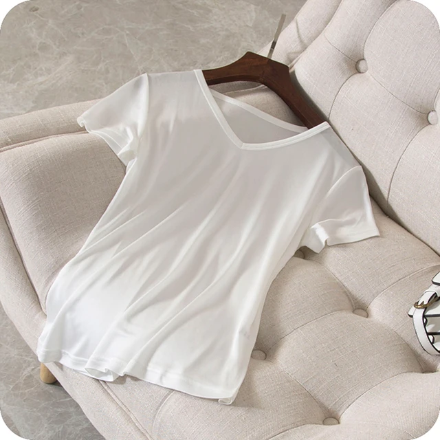 100 Silk T shirt Women High Quality Knitted Fabric Solid V Neck Short