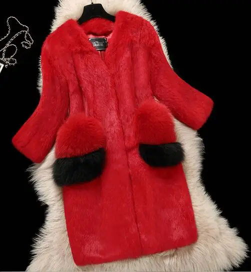 Осенне-зимнее пальто из цельного кроличьего меха, элегантное тонкое длинное пальто с рукавом три четверти и натуральным кроличьим мехом для женщин - Цвет: red