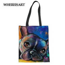 WHEREISART складные сумки для шоппинга для женские сумки для покупок красочные панель в форме французского бульдога принт Для женщин одежда Пляжная сумка Eco мама