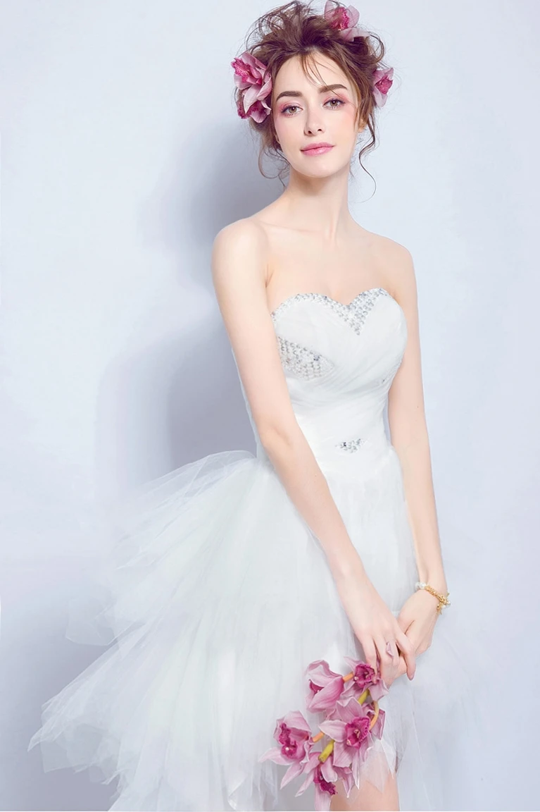 Ladybeauty низкая цена принцесса свадебное платье со складками бисером высокая/низкая Свадьба Growns короткий Поезд формальное платье