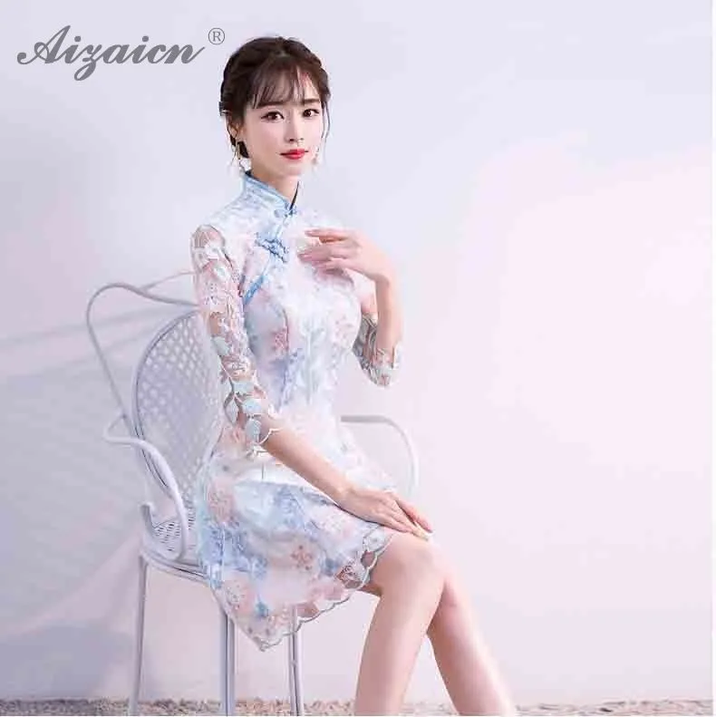 2019 летние модные короткие Cheongsam платья для женщин для китайское платье Qipao мини Восточный Стиль Тонкий Ци Пао Китай костюмы светло голубой