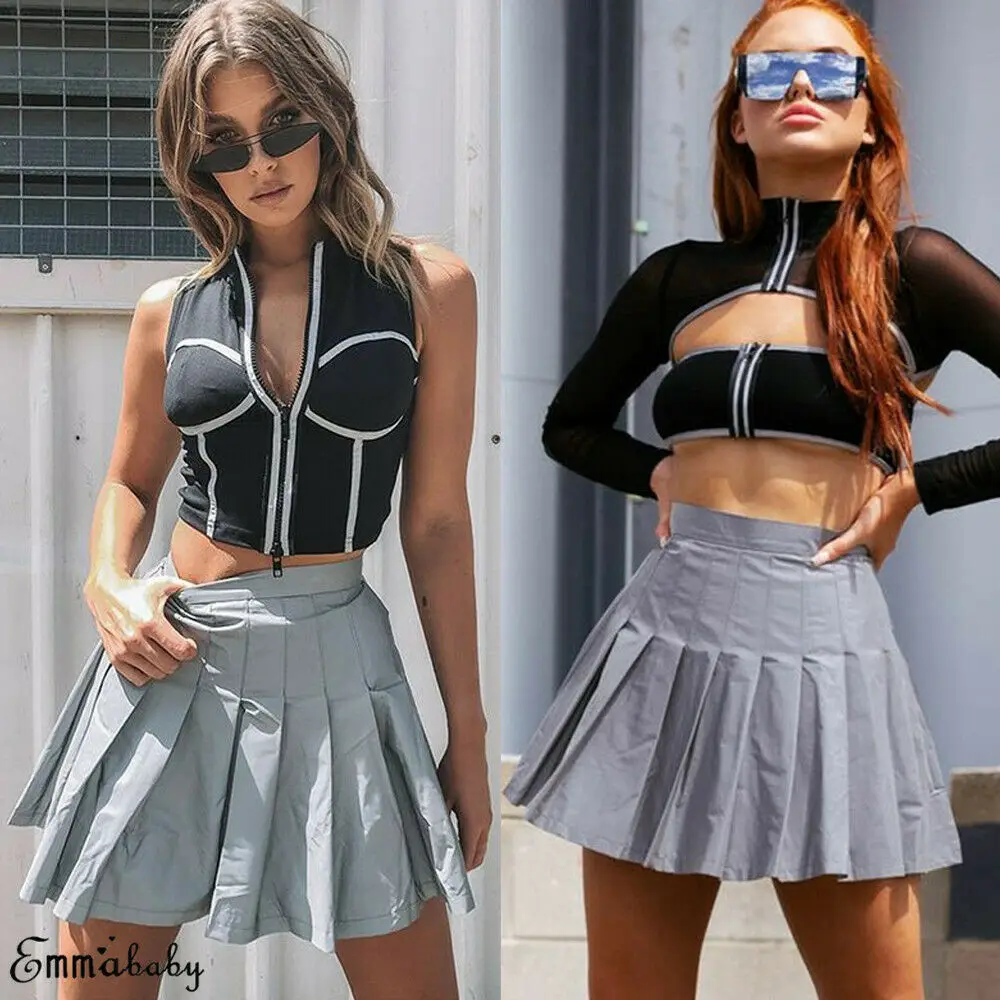 Модная женская сексуальная одежда для ночного клуба Новая популярная стильная одежда уникального дизайна Светоотражающая плиссированная повседневная юбка мини короткие юбки S-L