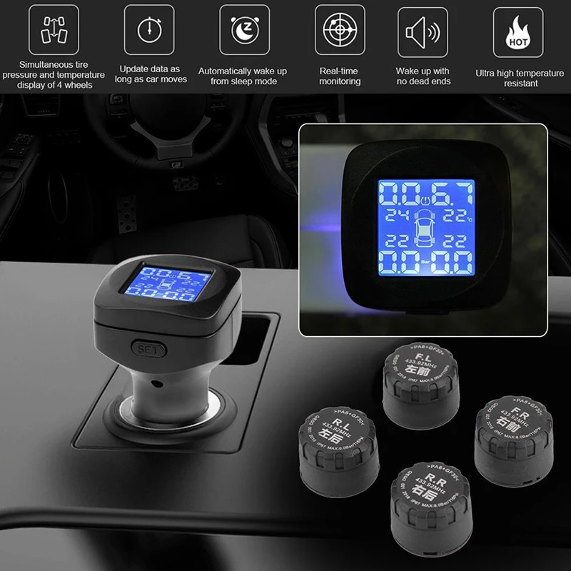 

4 External Sensors Tire Pressure Monitor System Accessories TPMS Auto Cigarette Lighter Wireless 12V