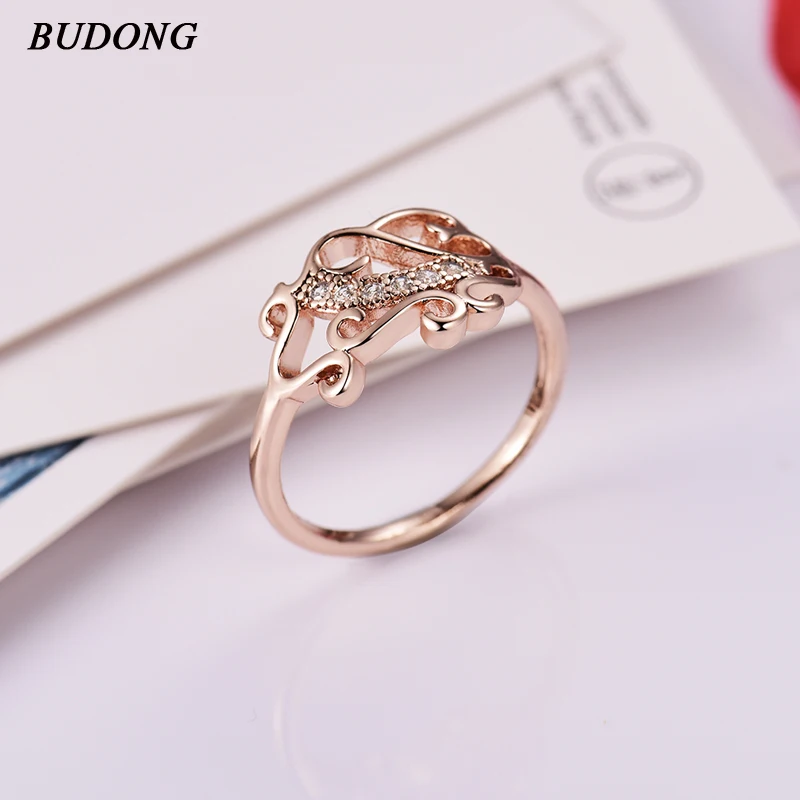 

BUDONG Rings for Women Valentine Gift Fashion Spiral CZ Crystal Gold-Color Mid Ring Cubic Zirconia Promise Wedding Jewelry A056