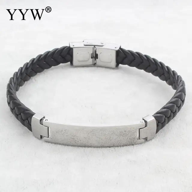 Fashion Black Leather Cord Bracelet Men Punk Stainless Steel Silver Fashion Black Leather Cord Bracelet Men Punk Stainless Steel Silver Charm Id Bracelets Bangles Mens