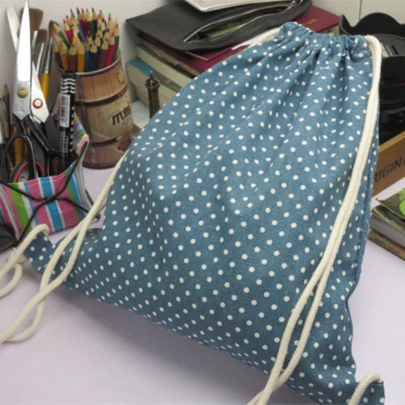 YILE 1pc Cotton Linen Drawstring Travel Backpack Student Book Bag Green Blue w Dots 1121-6 5