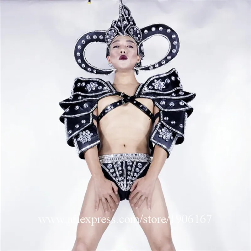 

2018 Nightclub Men DS Rhinestone Armor Costume Dance Team Party Show Gothic Wild Male Performance Stage Clothes With Headwear
