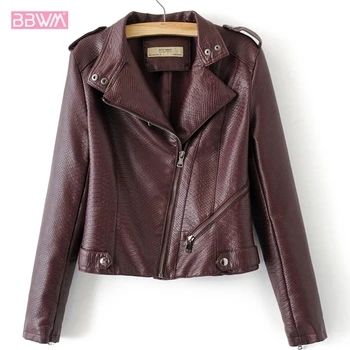 

Snake PU Long-sleeved Locomotive Clips Versatile Zipper Long-sleeved Lapel Women's Jacket Texture Female Coat 2019 Winter Black