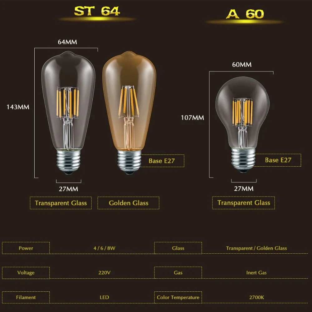 Винтажные лампы накаливания Эдисона ST64 COB светодиодные лампы E27 4 Вт 6 Вт 8 Вт 220 В с регулируемой яркостью A60 светодиодные лампы заменить 60 Вт 80 Вт 100 Вт лампы накаливания