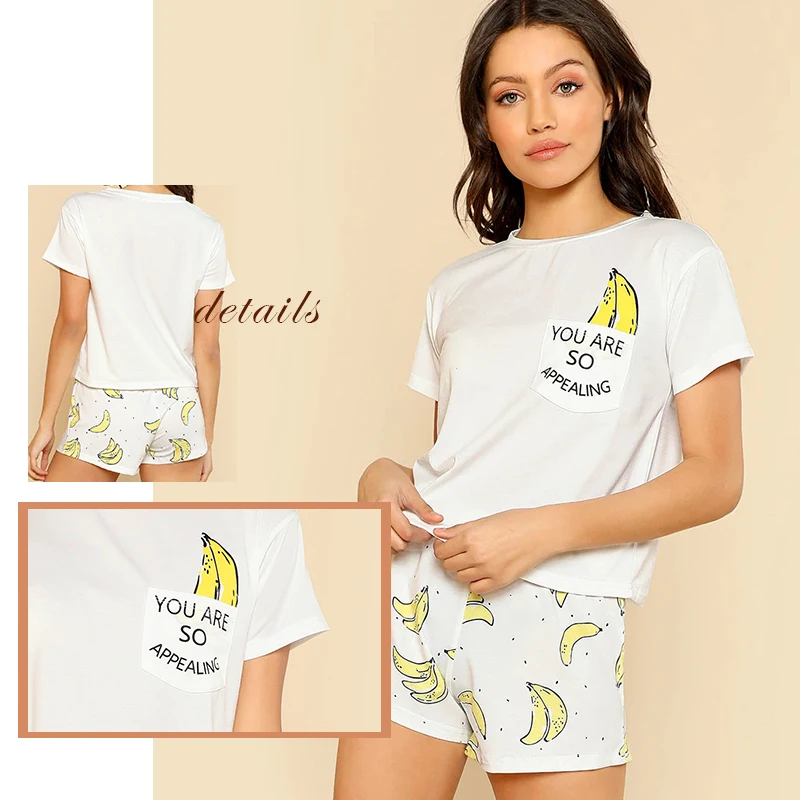 SweatyRocks, принт банана, карман спереди, топ с шортами, пижамный комплект, Kawaii, эластичные бежевые Пижамы, женские летние Пижамные комплекты