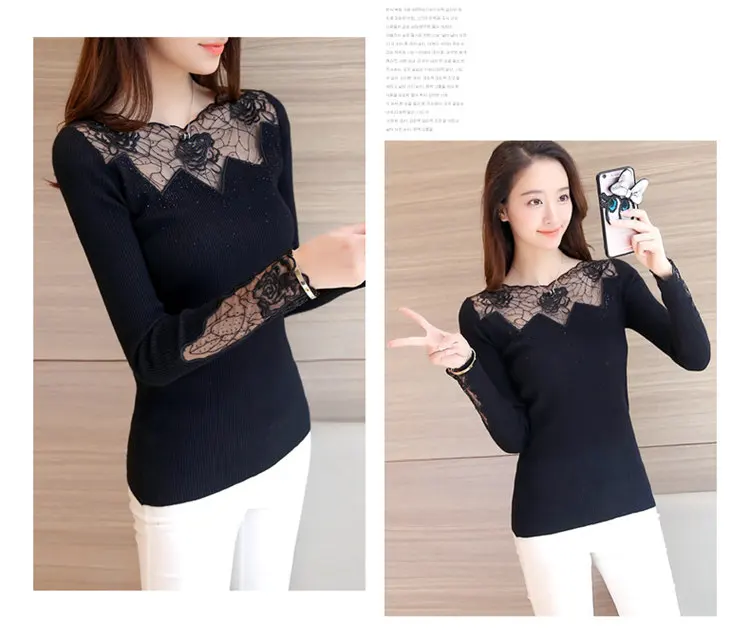 All-match Fashion Women Sweaters Knitted Long Sleeve Sweaters And Pullovers Rose Lace Patchwork Jersey Mujer Invierno 2019  (9)