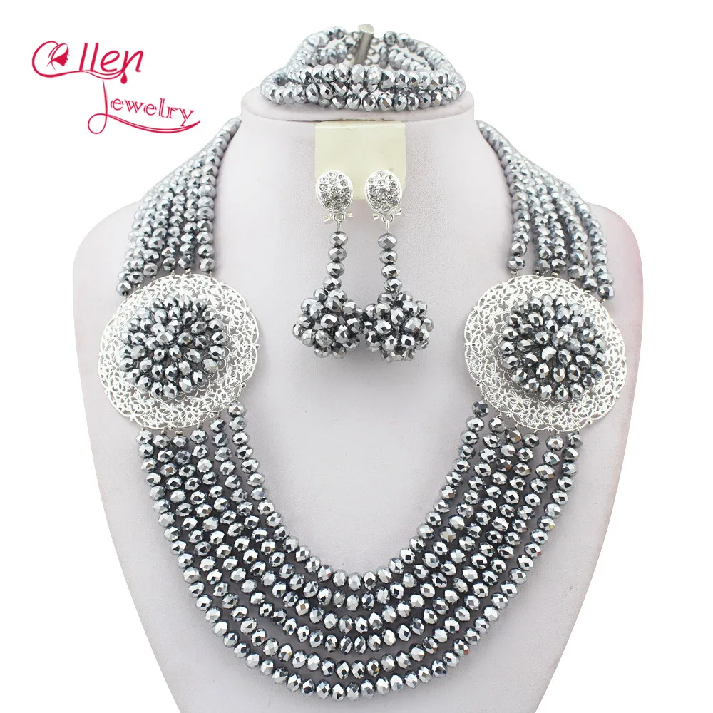 Silver African Beads Jewelry Set Crystal Beads Necklace Set nigerian