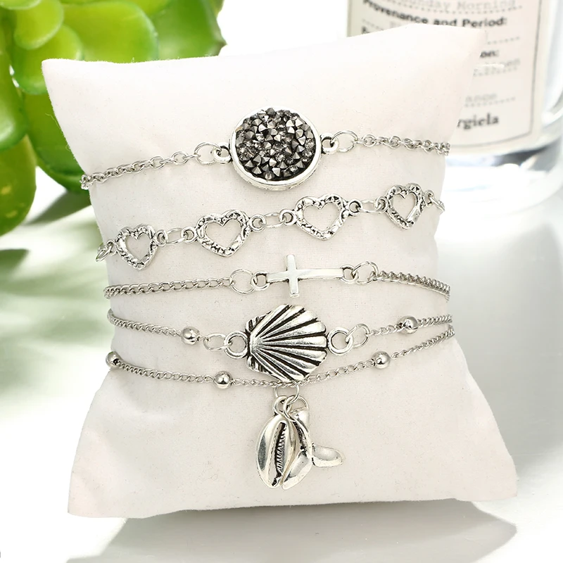 HuaTang серебряная, в стиле бохо оболочка крест сердце Слоистые браслеты для женщин Регулируемая цепочка браслет на запястье набор ювелирных изделий Pulseira 5653
