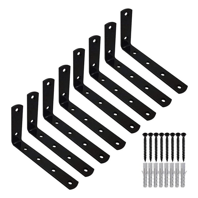 

5x3 inch L Shaped Corner Brace Shelf Brackets x 8. Right Angle Black Solid Steel Supports for 4 Shelves. Discreet Hidden Stron