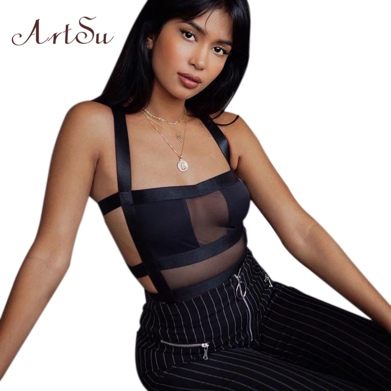 ArtSu Mesh See-Through Women Sexy Bodysuit Streetwear Patchwork Backless Strap Black Bodycon Female Body Romper New ASJU41103 ArtSu Mesh See-Through Women Sexy Bodysuit Streetwear Patchwork Backless Strap Black Bodycon Female Body Romper New ASJU41103