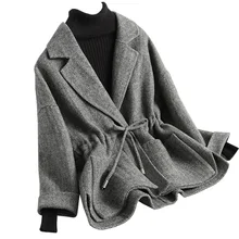 Новая мода, подиумный дизайнерский воротник с лацканами, приталенный шерстяной короткий жакет с завязками, Женский клетчатый пояс, твидовое шерстяное пальто