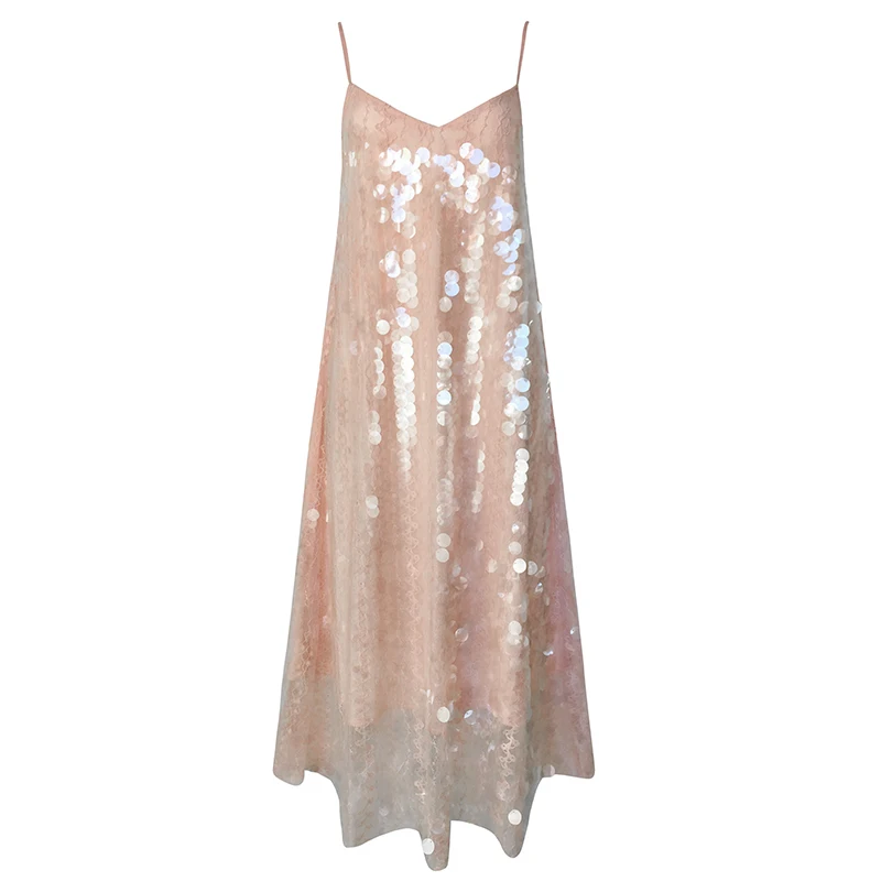 

Summer dress 2019 Sexy d sequin gauze harness dress Holiday Halter V-neck lace midi dress woman party nightEshining