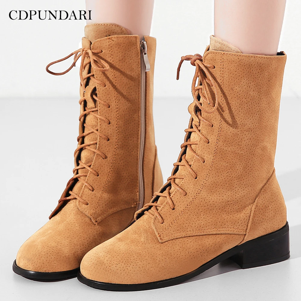 

CDPUNDARI Cross tied Ankle boots for women Low heel Motorcycle boots Ladies Winter shoes woman