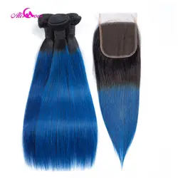 Ali Coco бразильские волосы пучки с закрытием прямые волосы пучки с закрытием 1B/синий 10-28 дюймов Remy человеческие волосы расширения