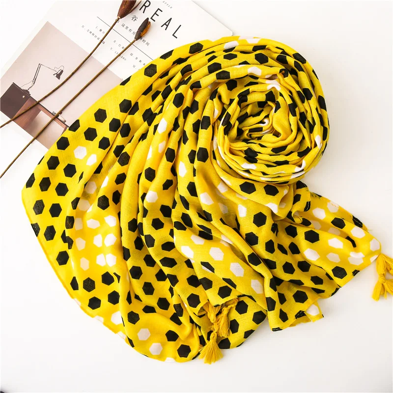 Marte&Joven Women Funny honeycomb Pattern Yellow Tassels Scarves Comfortable Spring Autumn Winter Warm Shawl Stole Female Hijab