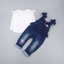 Комплекты одежды для маленьких девочек с белой футболкой весенний Детский комбинезон на лямках для девочек детские джинсовые штаны комбинезон детская одежда
