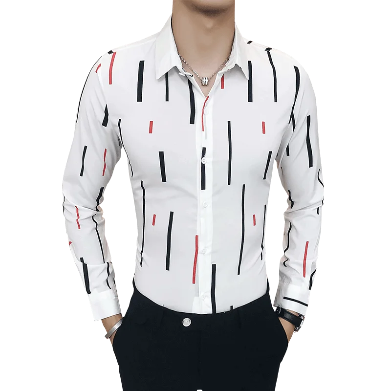 Новая Корейская мужская рубашка с длинными рукавами в полоску и полоску, рубашка с принтом на осень /рубашки, мужское платье