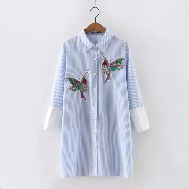 Nvyou gou, Женская белая блузка с длинными рукавами и вышивкой в виде птиц, рубашки с отложным воротником, весна-осень, модный офисный женский топ - Цвет: sky blue