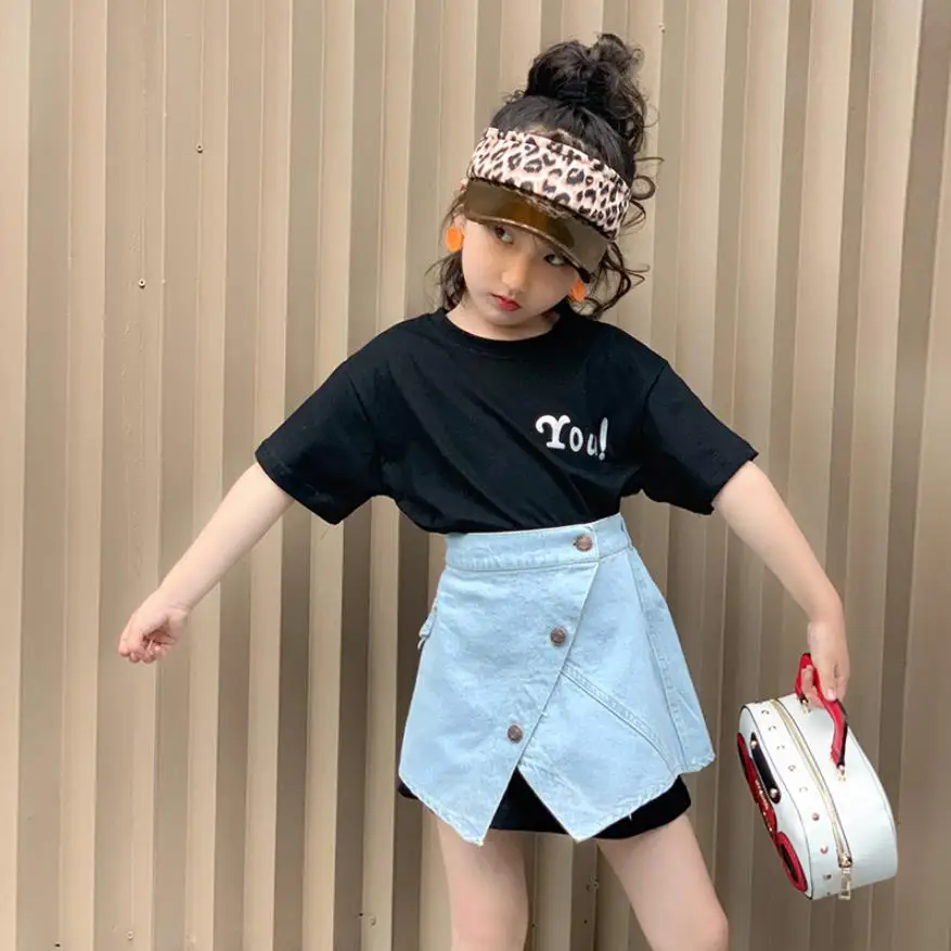 

Hot selling summer new t-shirts sets girls short sleeve tops + denim skirts 2pcs suits children letter print tees 3-10Y ws645