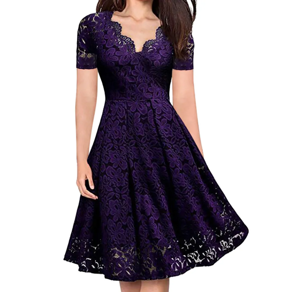 

Feitong Women Dresses V-Neck Off Shoulder Lace Formal Evening Party Dress Short Sleeve Spring Summer Dress Sundress Vestidos