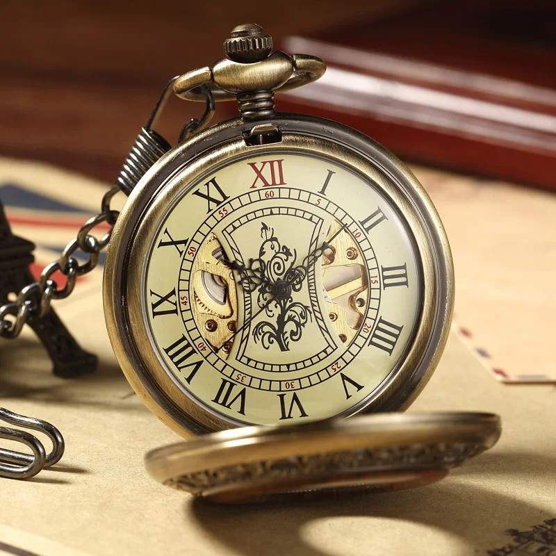 Горячие ретро роскошные деревянные круглые карманные часы с каркасом для мужчин и женщин унисекс механические часы с ручным заводом римское ожерелье с цифрами часы подарок