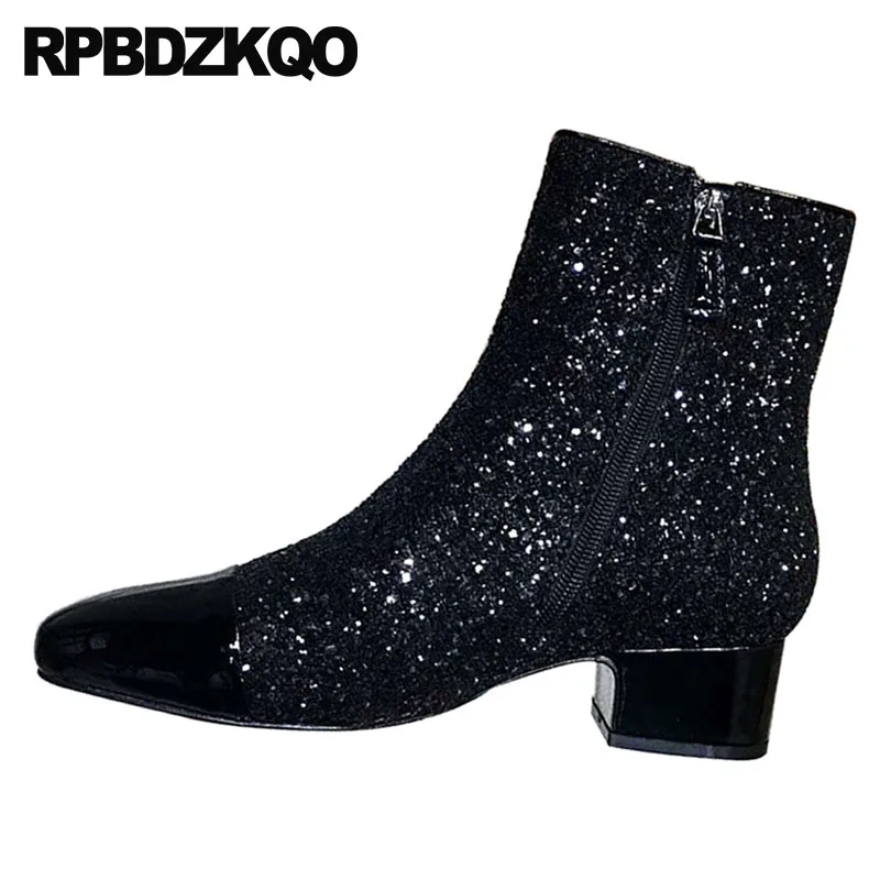 black patent glitter chunky ankle boots