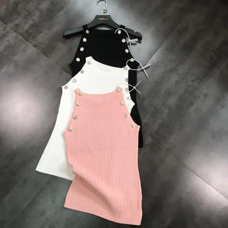 

2019 Summer New Double Row Metal Buckle Design Knit Elastic Sexy Sleeveless Vest Sling Female