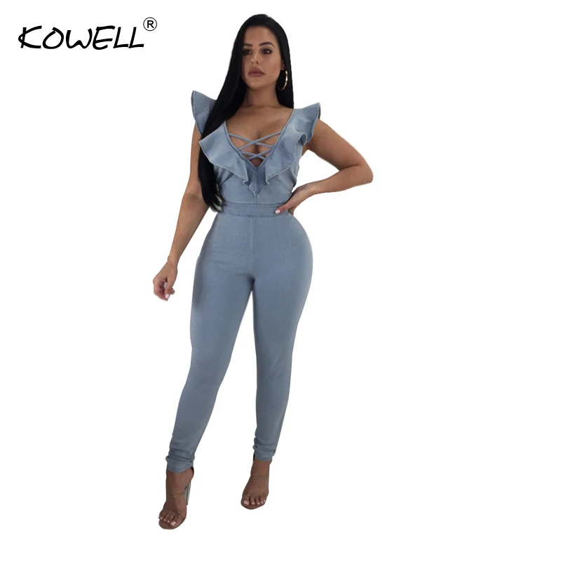 

Kowell Ruffle Lace Up Women Jumpsuit Summer Hollow Out V Neck Sexy Jumpsuit Overalls Bodycon Denim Jumpsuits&Rompers Playsuit
