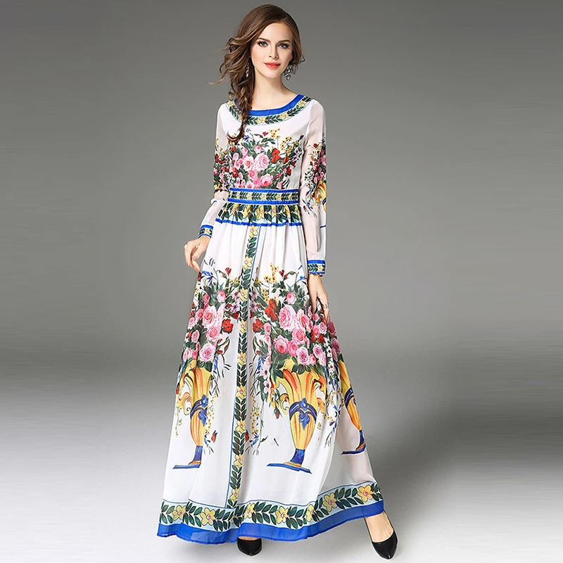 

New 2018 European Style Multi Floral Print Summer Dress Women O Neck Sexy Dress Casual Party Floor Length Dress Vestidos Mujer