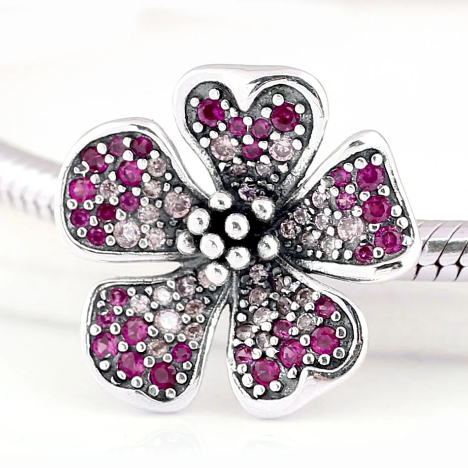 

New 925 Sterling Silver Bead Charm Openwork Peach Blossom Flower With Mix Crystal Beads Fit Pandora Bracelet Bangle Diy Jewelry