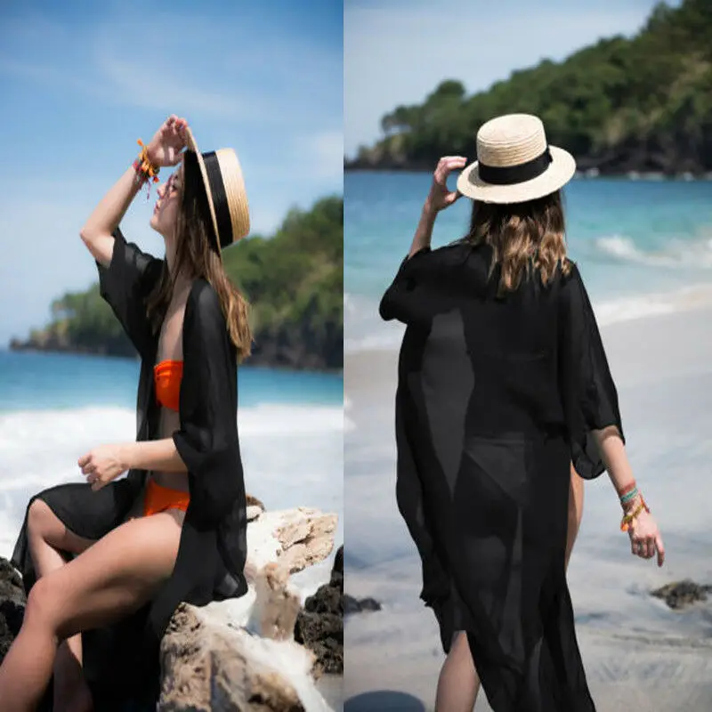

Women Solid Loose Kimono front Open Beachwear Swimwear Bikini Beach Wear Cover Up Kaftan Summer Cover-Ups Shirt Dress
