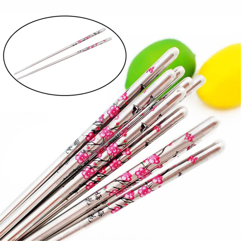 Lot New Plum Flower Pattern Chopsticks Metal Stainless Steel Chopstick 5 Pairs 