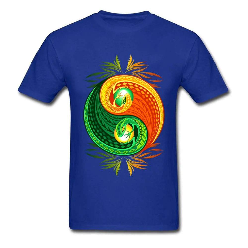 Company Leisure Printed T-shirts O Neck Cotton Fabric Male Tops Shirts Short Sleeve Father Day Printed Sweatshirts YinYang Gecko Lizard Opposite Colors Sign blue