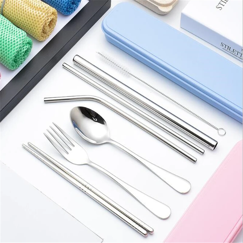 

7Pcs/Set Straw Portable Spoon Fork Chopsticks Set Stainless Steel Dinnerware Set For Travel Gift Tableware Tools