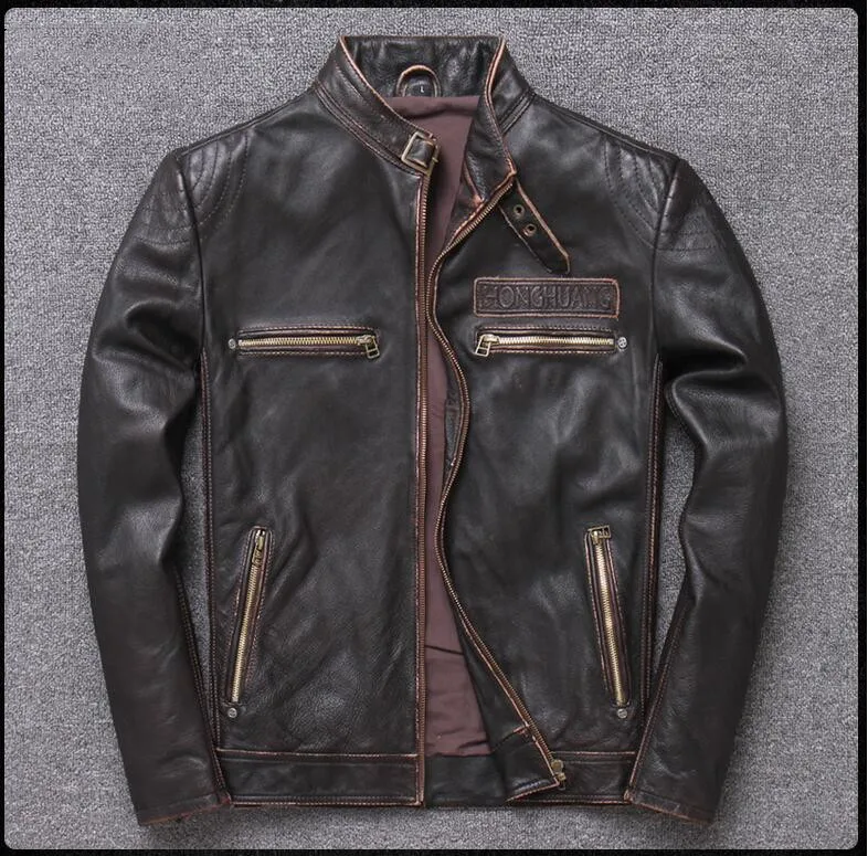 2019 Винтаж коричневый для мужчин мотоциклетная кожаная куртка плюс размеры XXXL из натуральной толстой воловьей кожи Весна Slim Fit байкер пальт